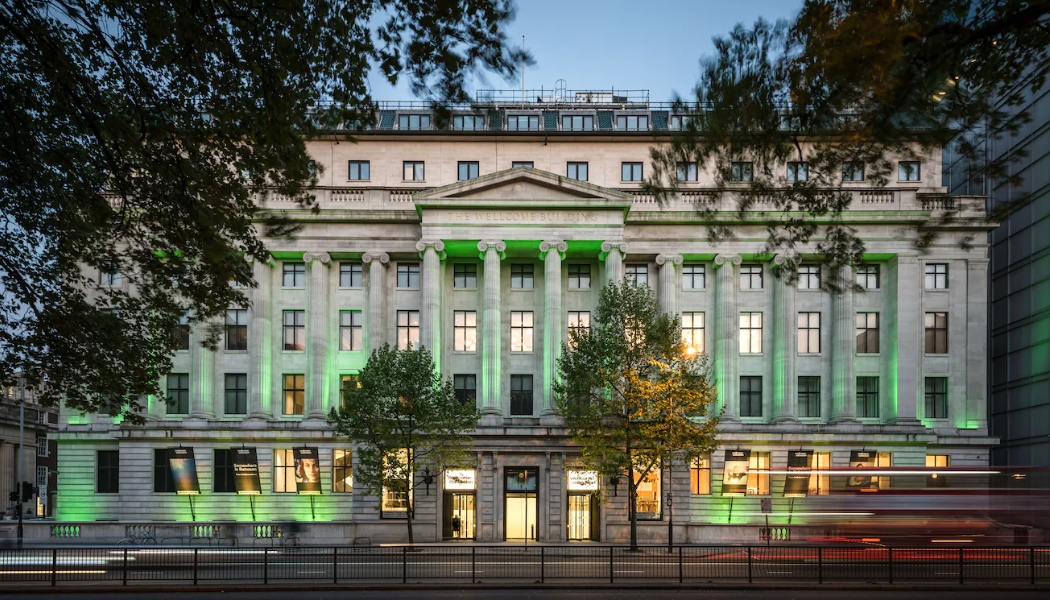 A photograph shows the face of the The Wellcome Collection building